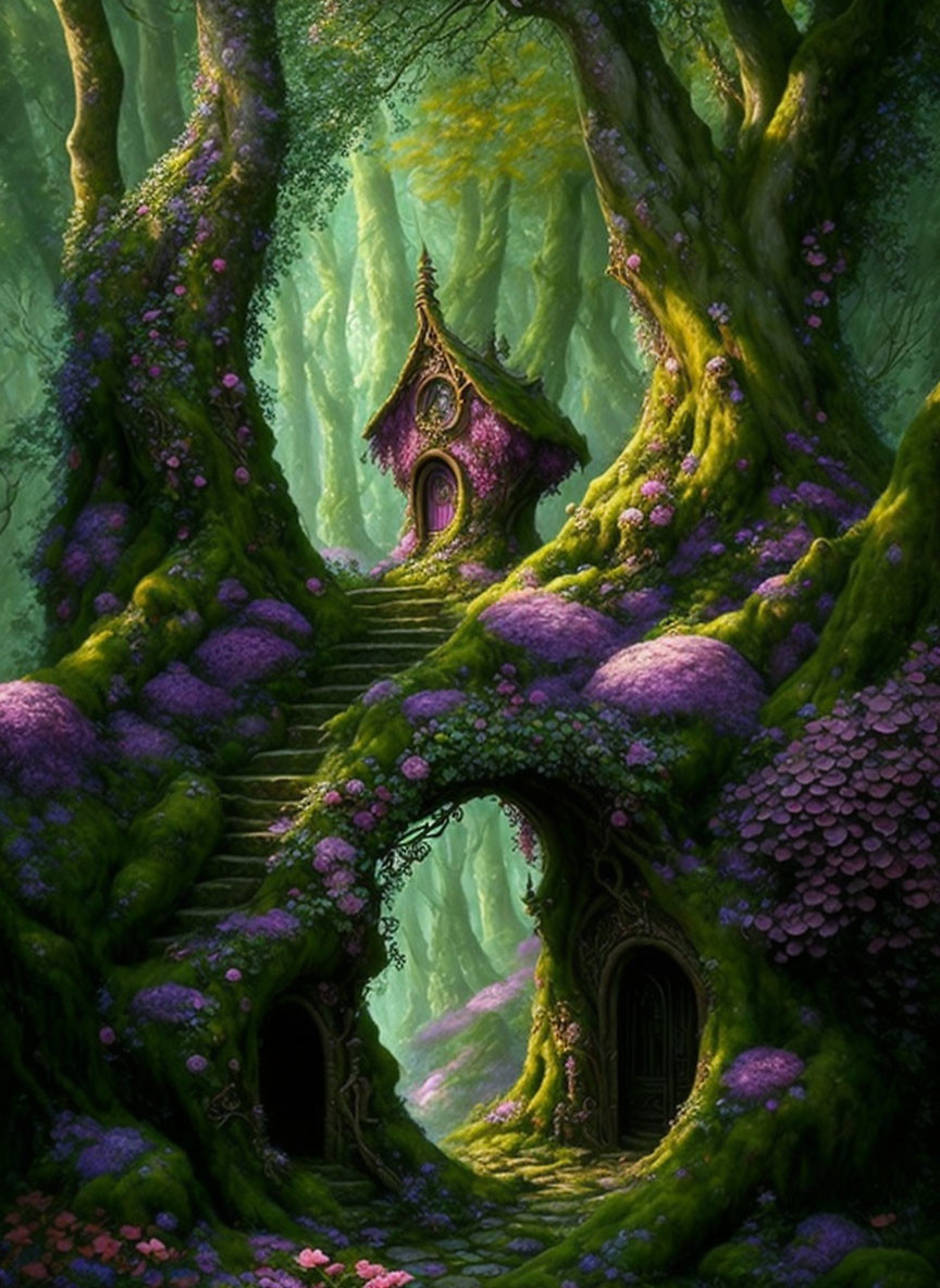 Vibrant green forest with purple foliage, arched doorways, and whimsical staircase