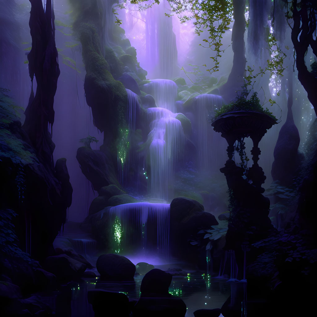 Enchanting forest with luminescent flora and waterfalls