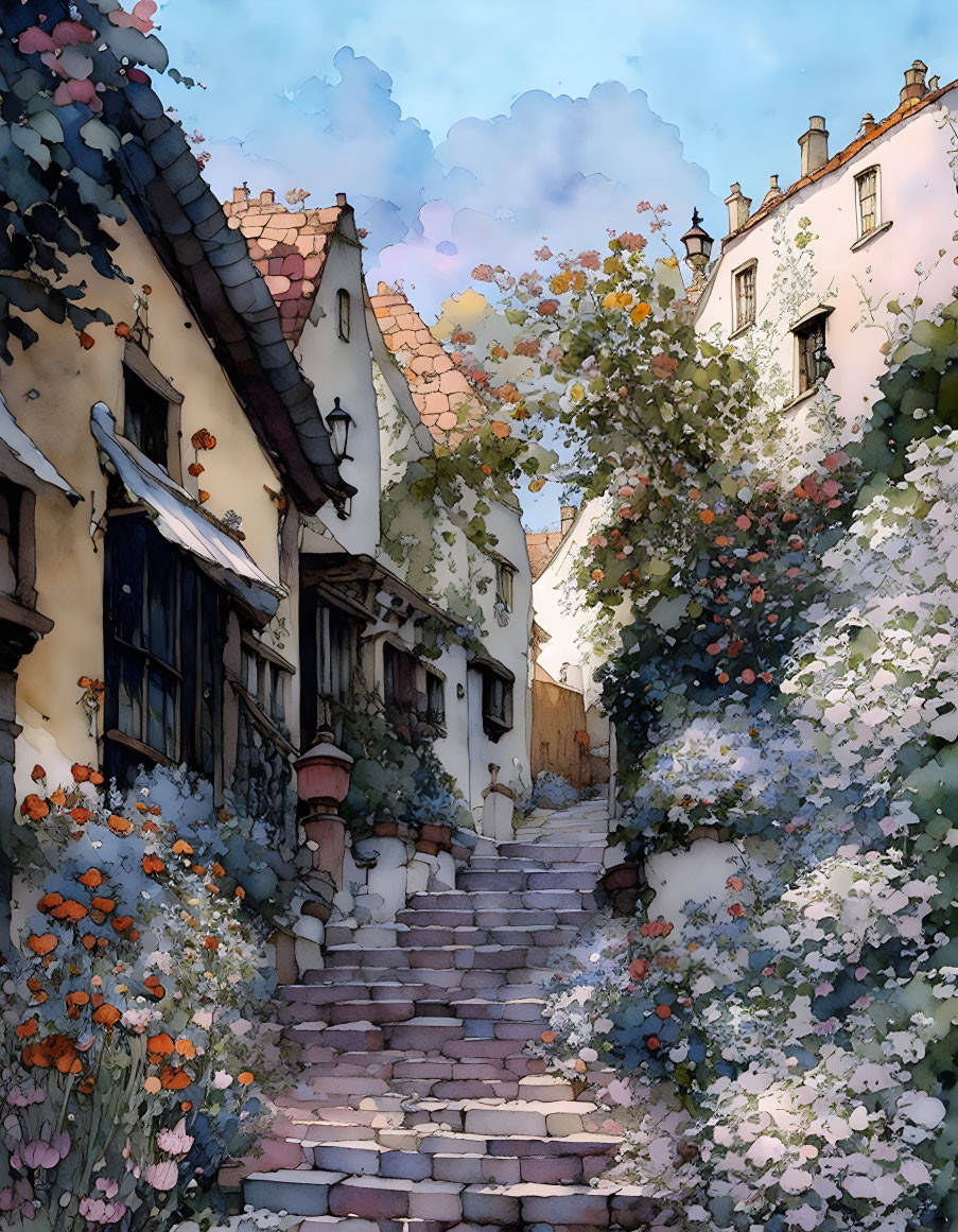 Quaint cobblestone stairway with charming houses and blooming flowers