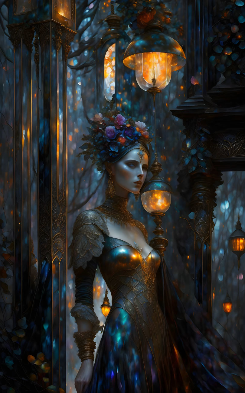 Woman in dark ornate gown with flower crown among glowing lanterns in mystical blue forest.