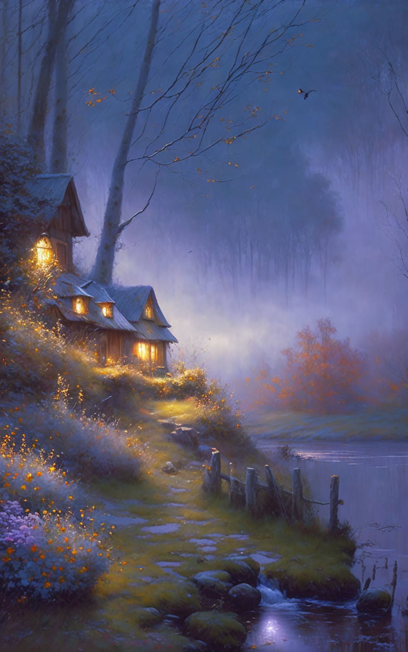 Serene lakeside at twilight with cozy cottages, misty ambiance, trees, and tranquil waterfront