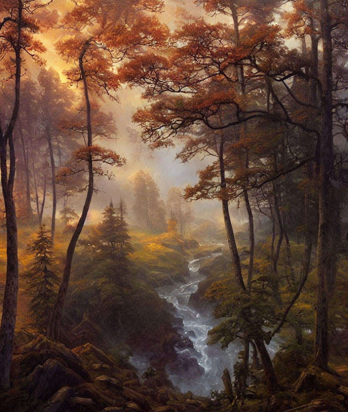 Tranquil forest scene with amber leaves, meandering stream, and misty backdrop