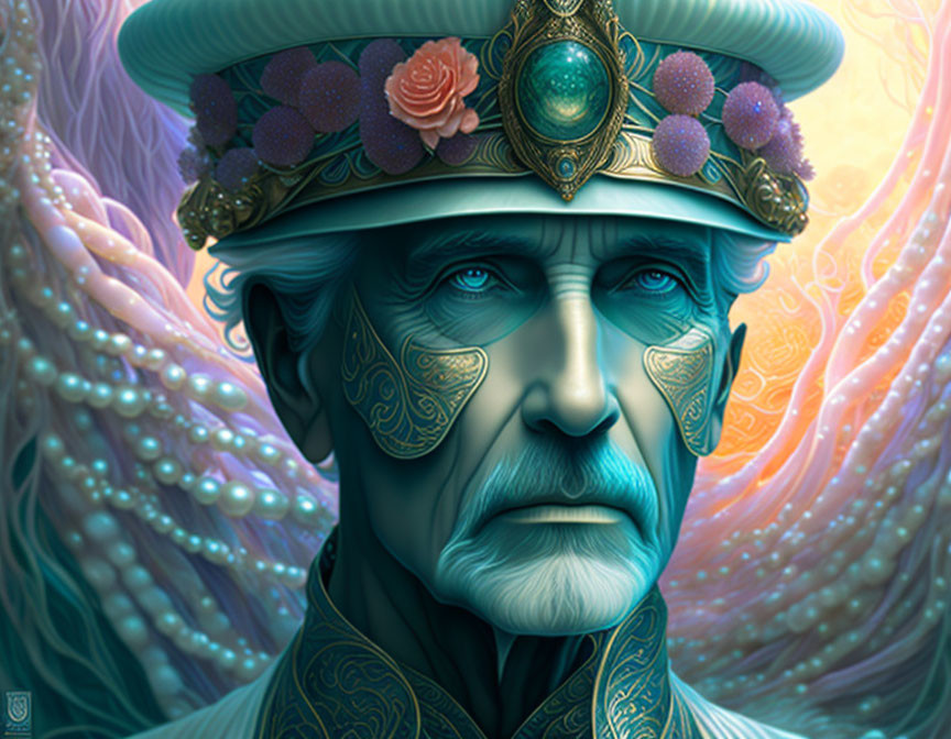 Elder man with intricate facial tattoos and floral headdress on teal backdrop