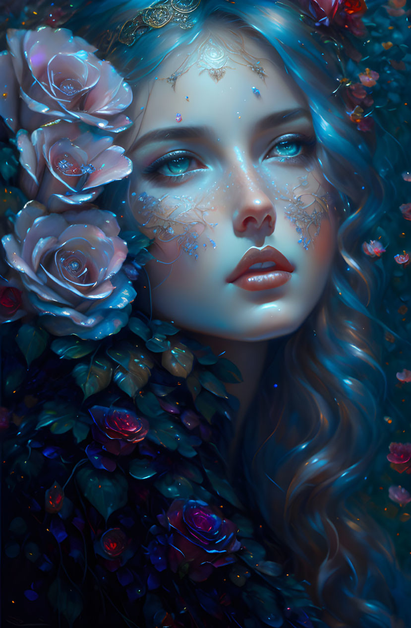 Fantasy illustration: Woman with blue hair, rose-adorned skin, and shimmering sparkles