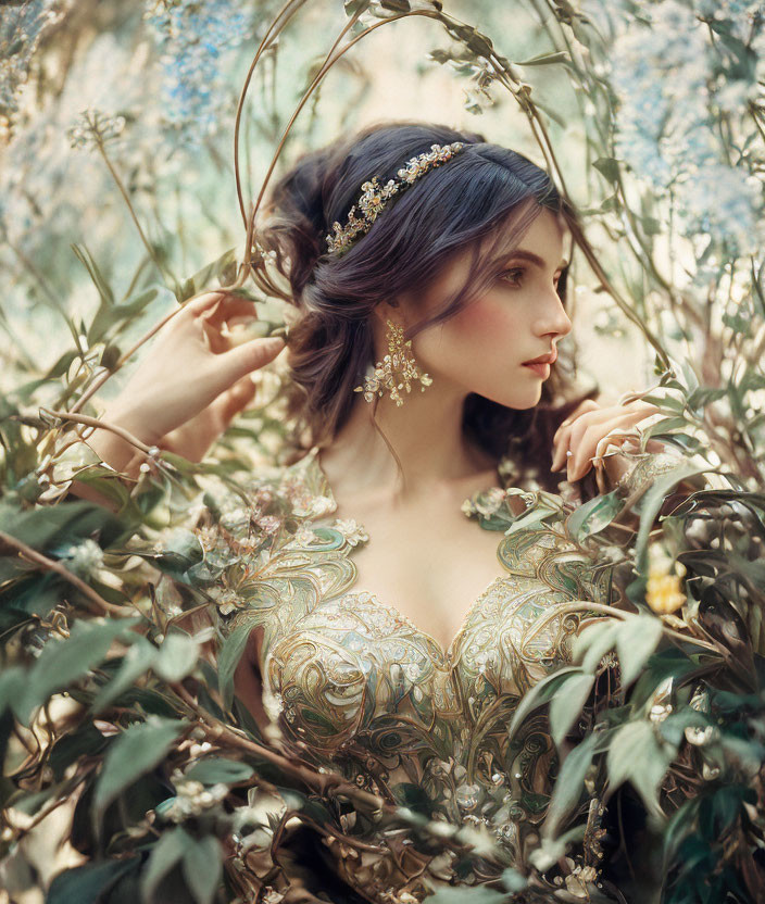 Woman in Floral Headpiece Surrounded by Green Foliage and Ethereal Background