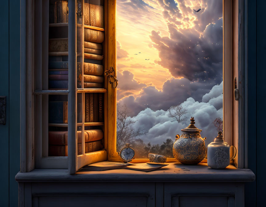 Sunset scene with open window, books, teapot, and cups on sill.