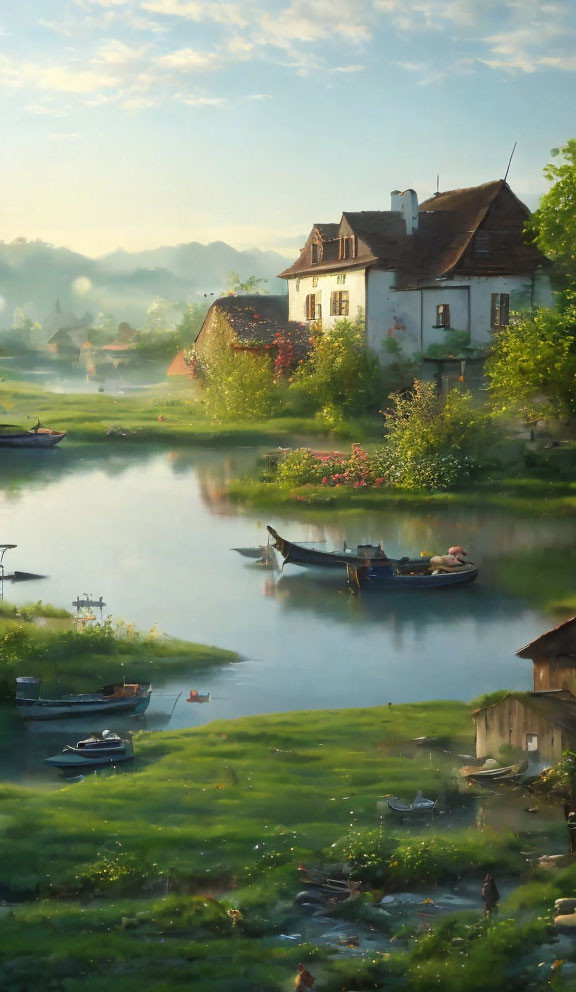 Tranquil river, boats, cottage in lush landscape