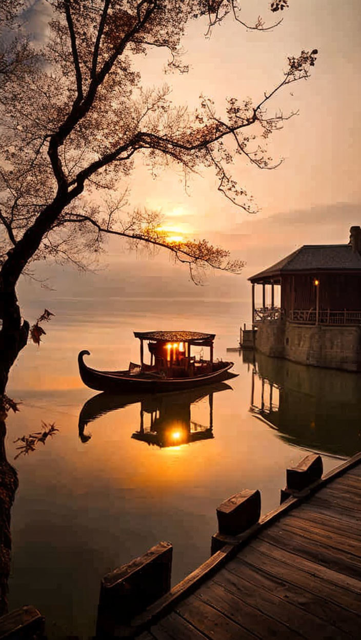 Tranquil lake sunset with boat, dock, and pavilion.