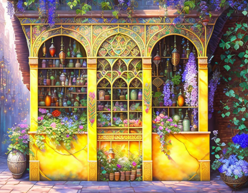 Colorful stained glass storefront with vibrant flowers and plants in brick-walled alcove