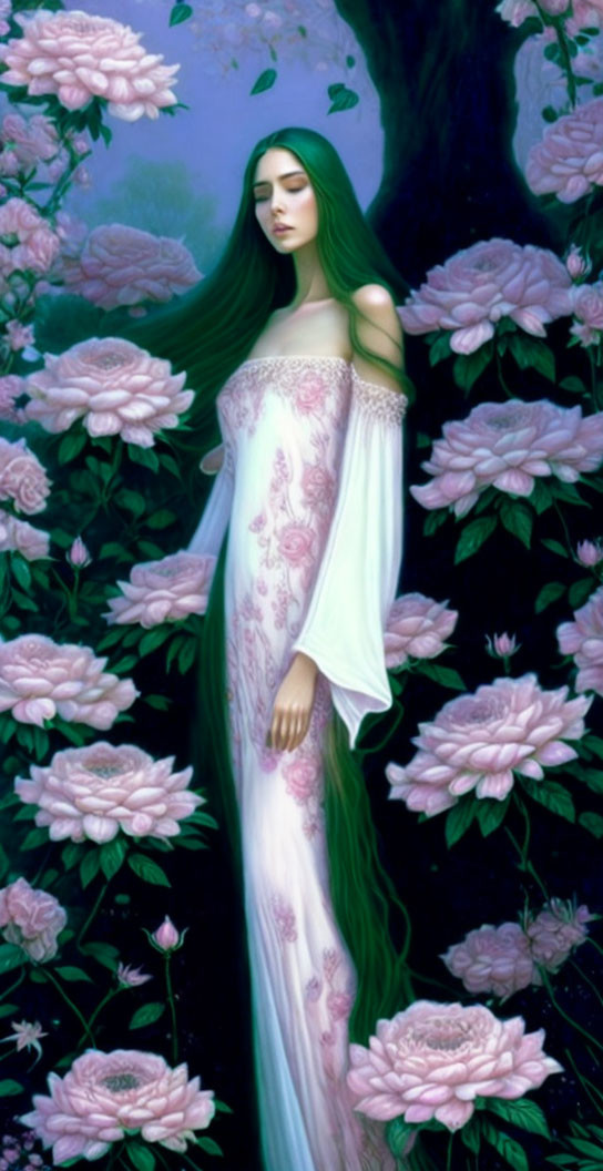 Woman with Long Green Hair in White and Pink Floral Gown Among Oversized Pink Flowers