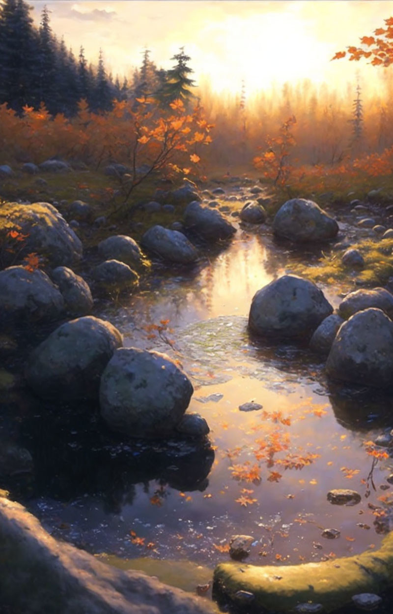 Tranquil forest stream with boulders and autumn leaves under golden sunlight