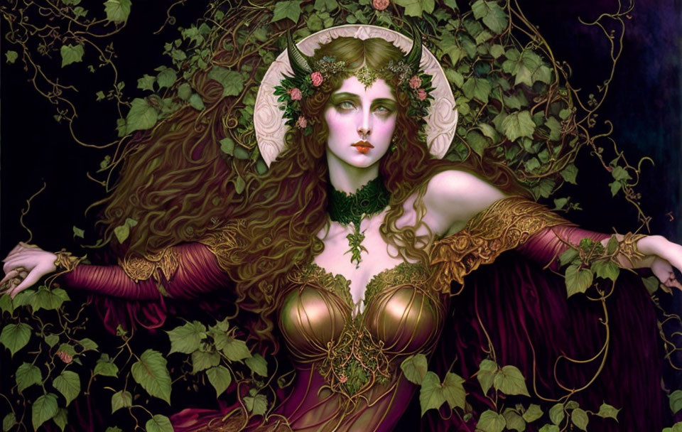 Fantasy Artwork: Woman with Auburn Hair and Floral Crown in Dark Green Vines