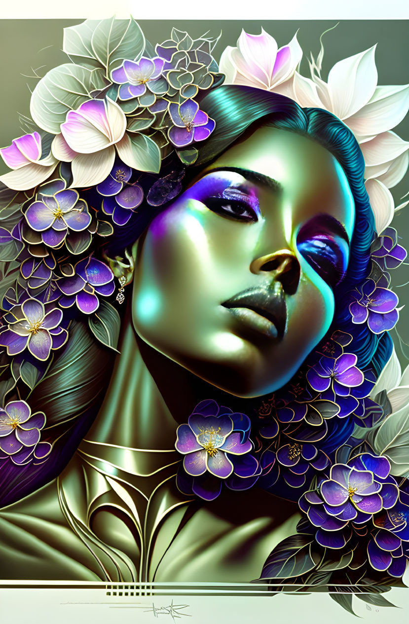 Colorful Flower Surrounding Woman in Artistic Illustration