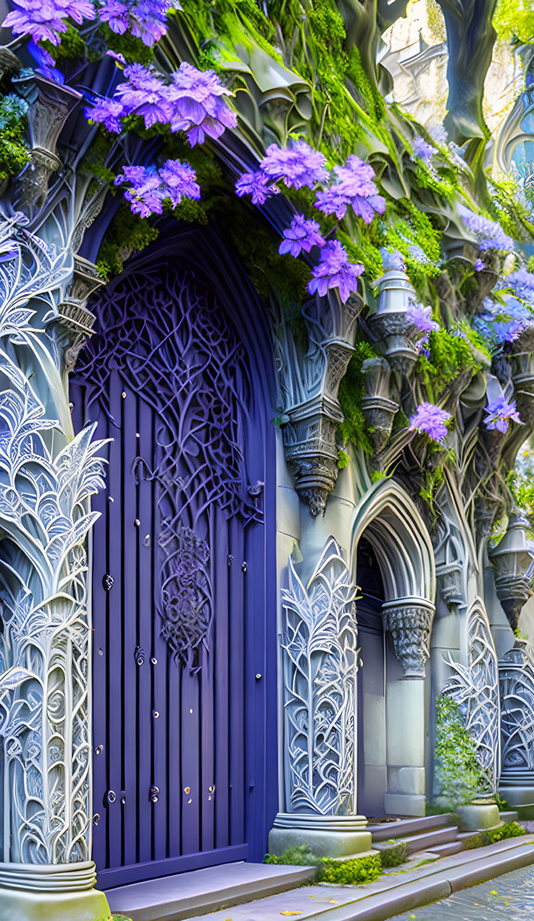 Purple ornate door with Gothic columns and floral decorations