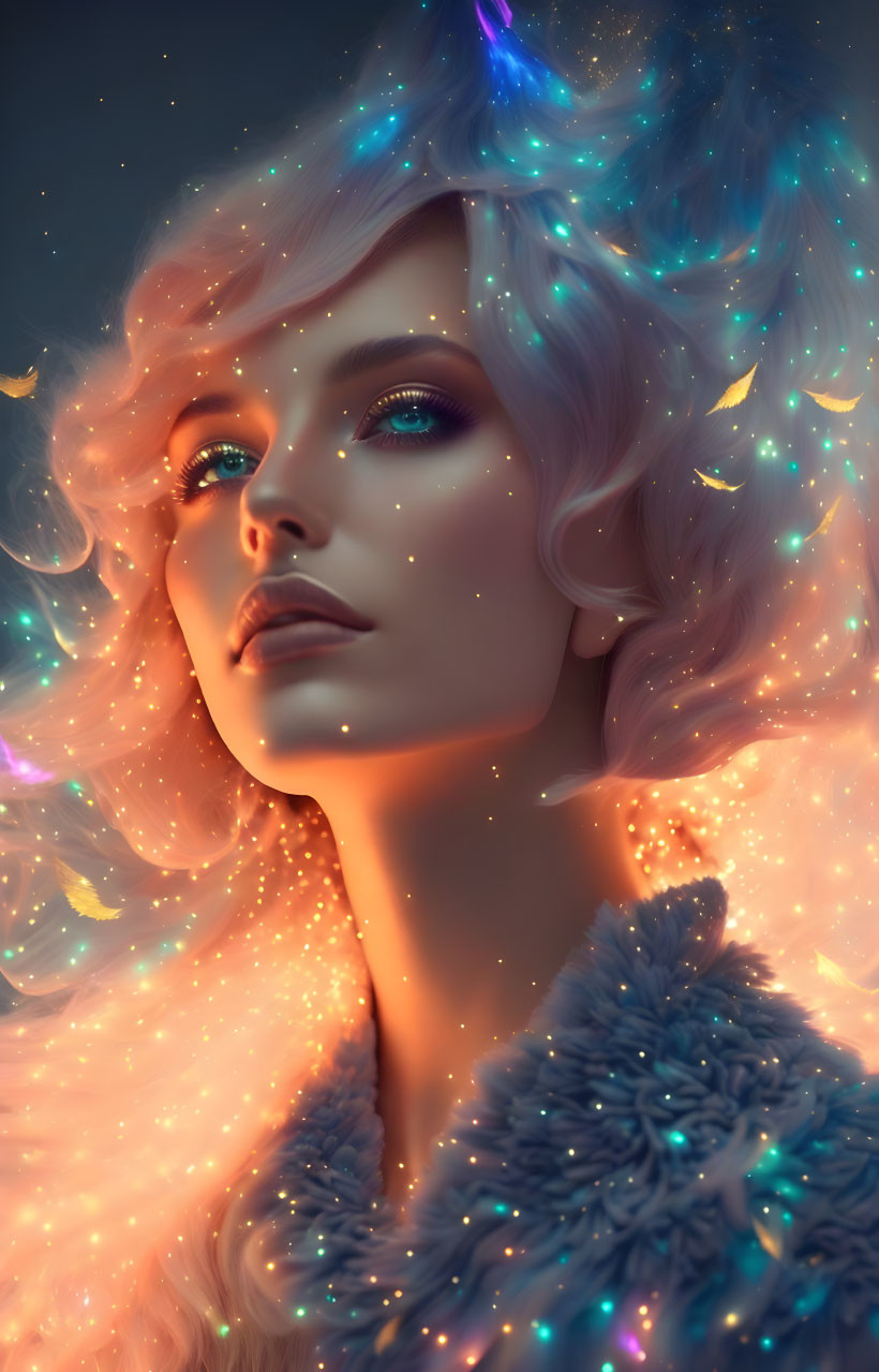 Portrait of a woman with blue eyes surrounded by stars and ethereal light