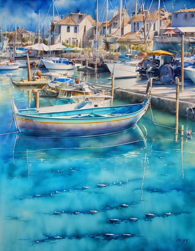 Serene harbor painting with boats, clear blue water, fish, and quaint buildings