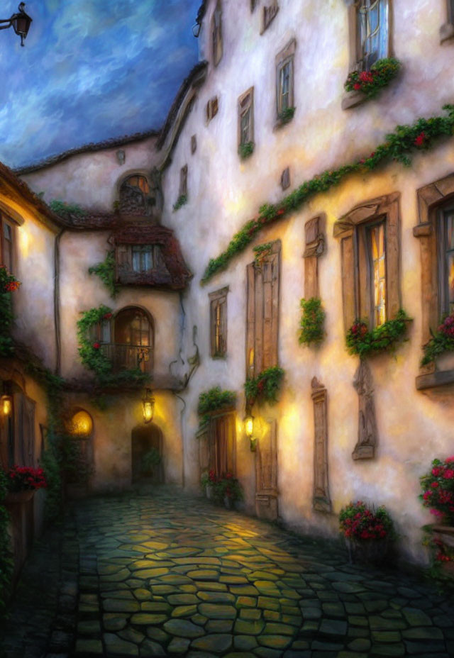 Charming cobblestone alley with ivy-covered buildings and glowing lanterns