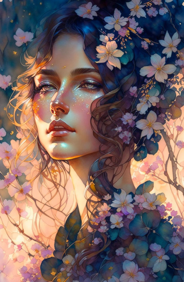 Illustration of Woman with Flowers in Hair and Fantastical Aura