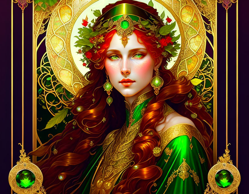 Illustration of woman with red hair in green and gold dress against ornate backdrop