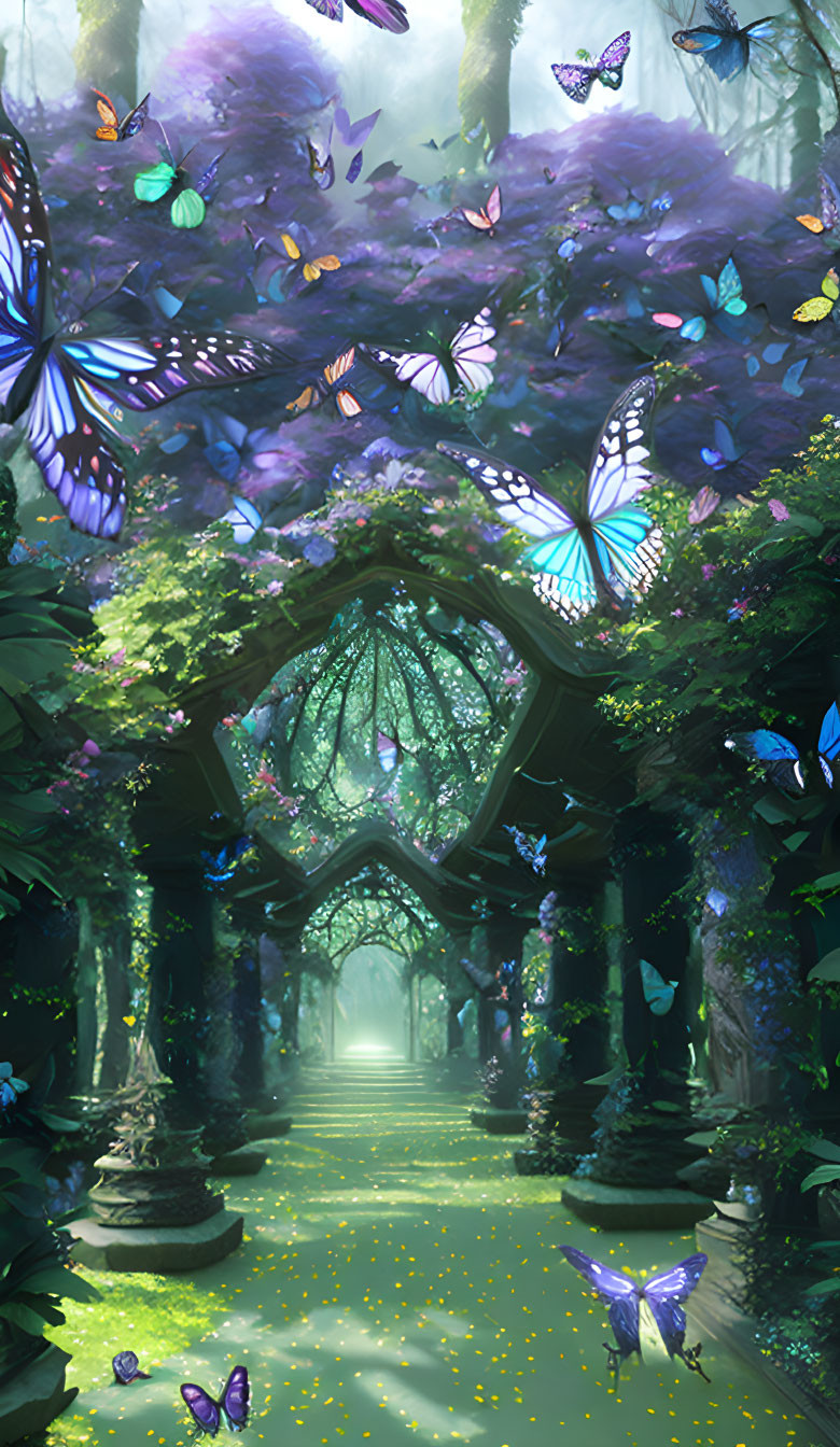 Enchanting pathway with stone arches, green foliage, soft glow, and fluttering butterflies