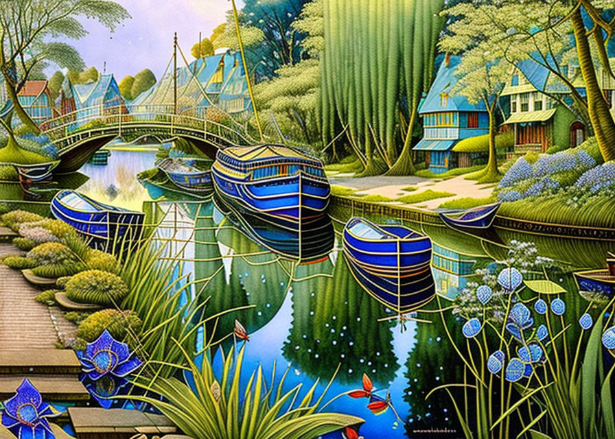 Colorful canal illustration with boats, bridge, houses, and greenery