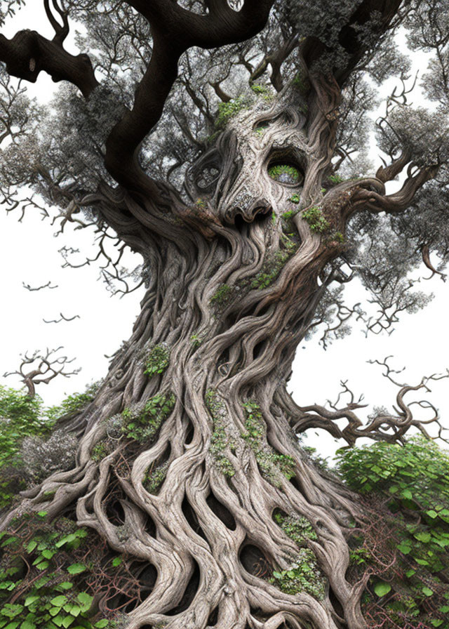 Ancient tree with face-like formation and lush foliage