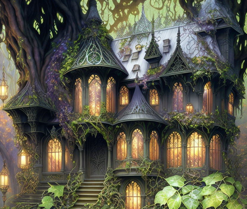 Gothic-style house engulfed by vines and lantern-lit trees