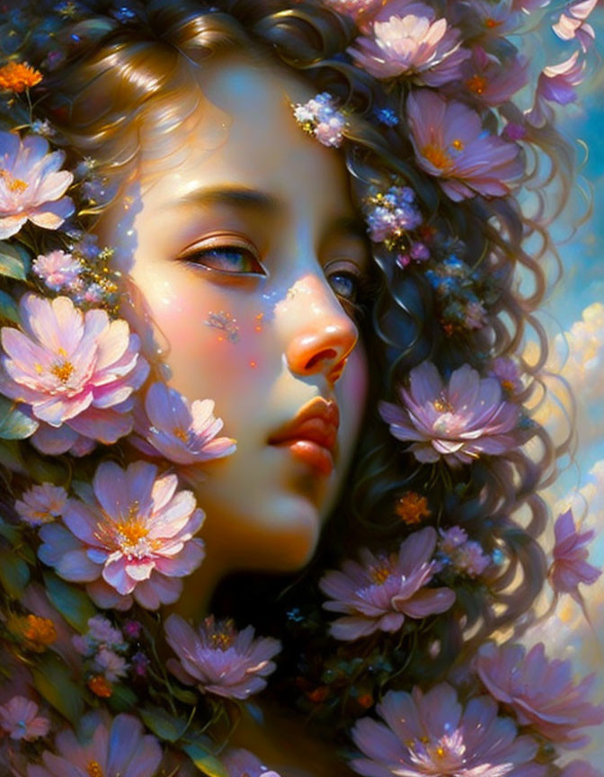 Young woman with curly hair in pink blossoms and serene expression