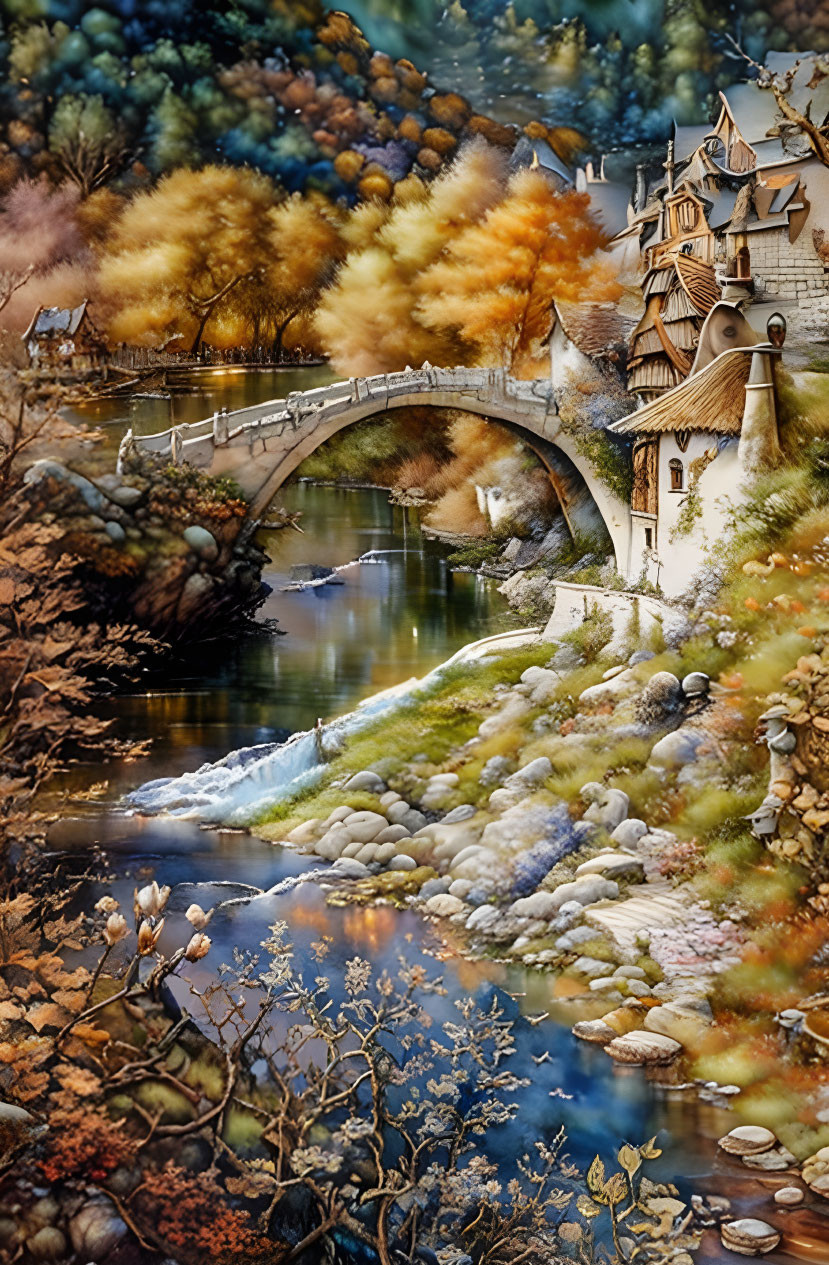 Tranquil autumn scene with stone bridge, river, and fall foliage