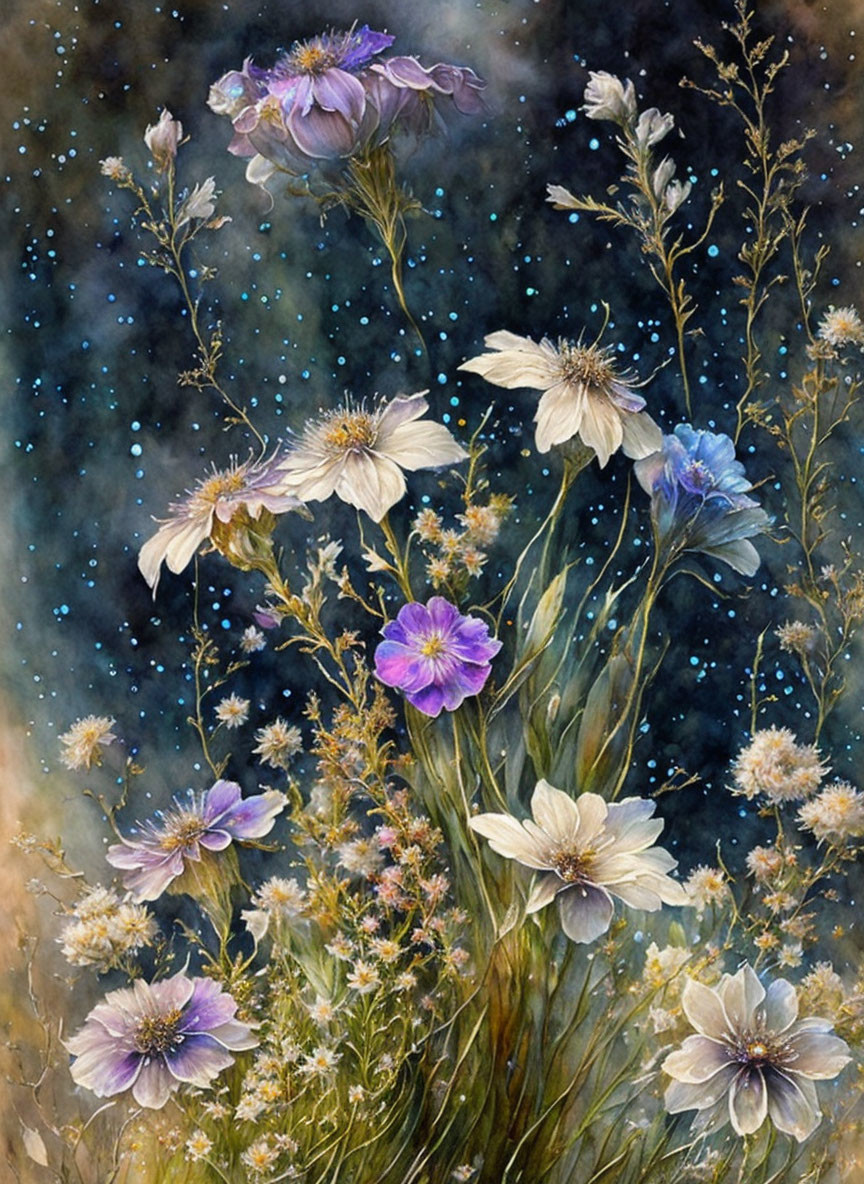 Delicate Purple and White Wildflowers on Starry Night Sky Background