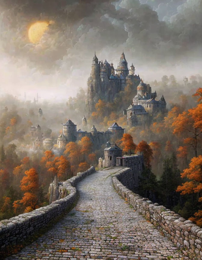 Majestic castle amid autumn trees on cobblestone path