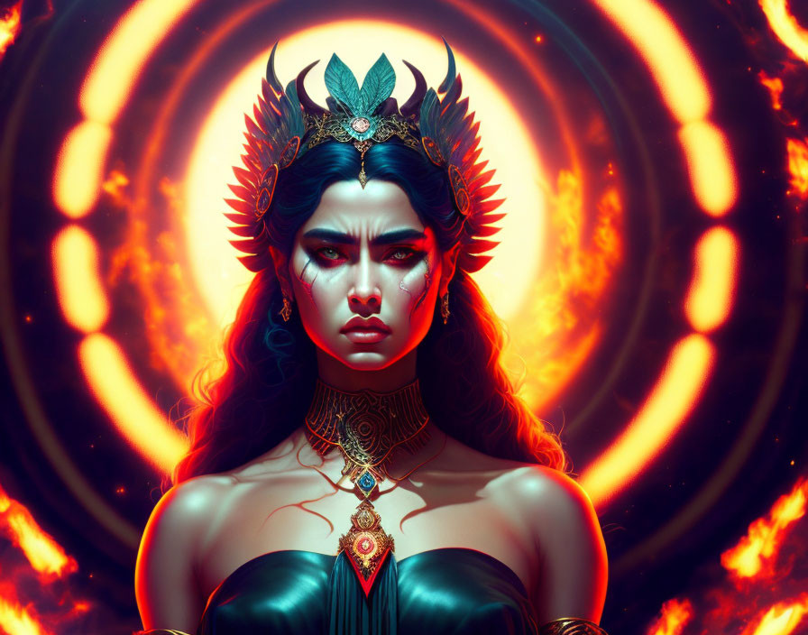 Fierce woman with crown in flames and ornate jewelry.