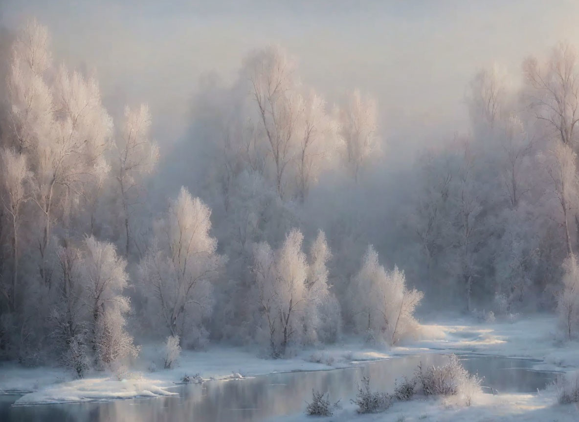 Frost-covered trees and icy river in serene winter scene