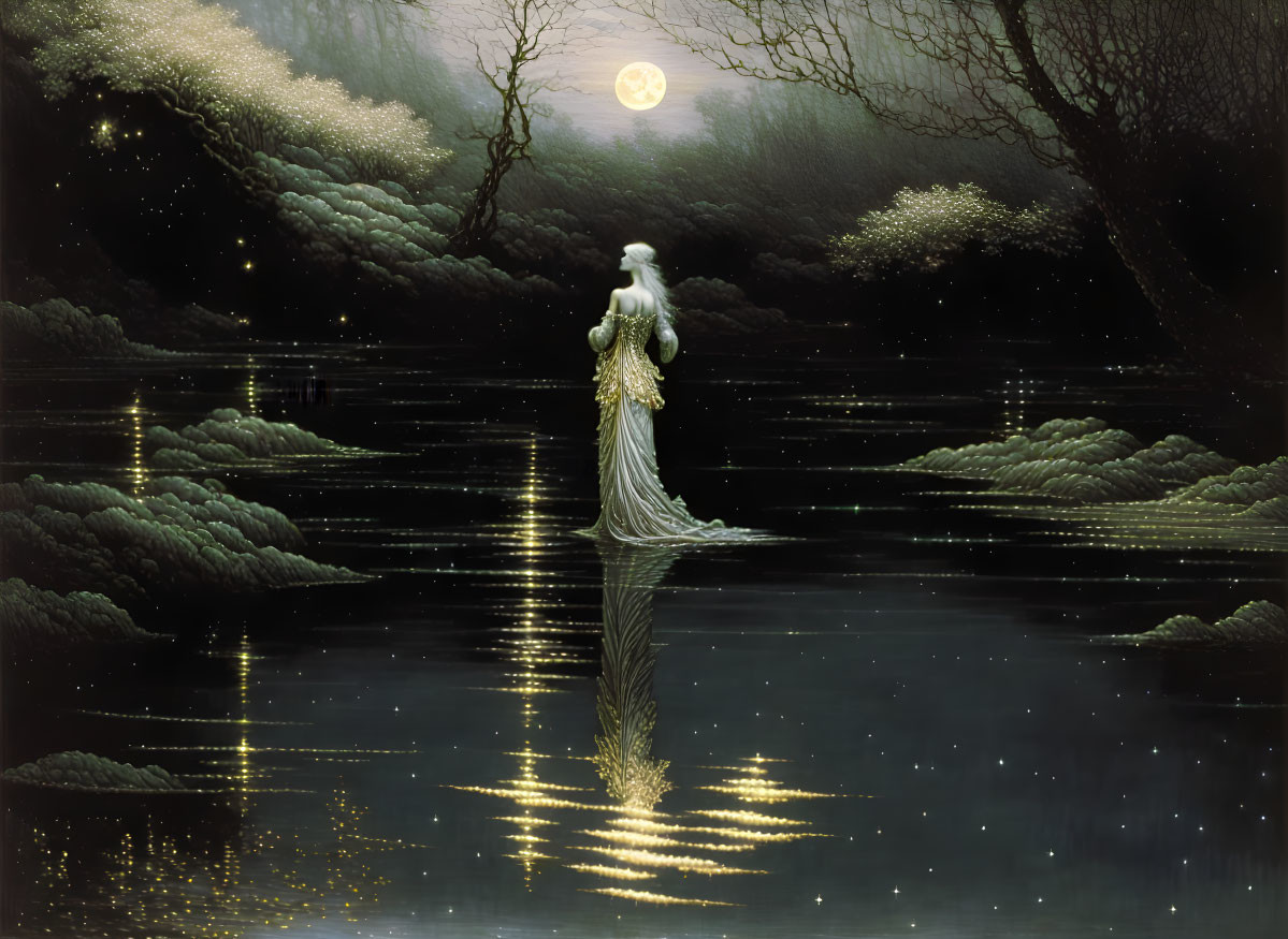 Person standing in still water under full moon, surrounded by dark trees & starry sky