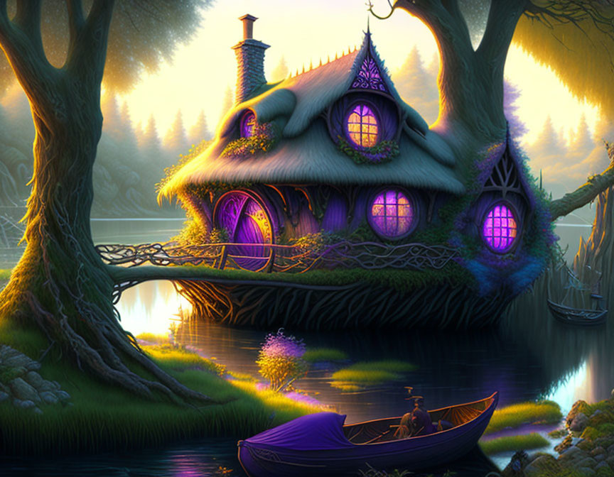 Twilight scene: Thatched cottage by river with glowing purple windows