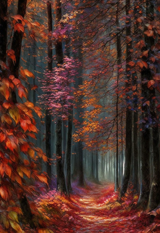 Scenic autumn forest path with vibrant orange, red, and pink trees