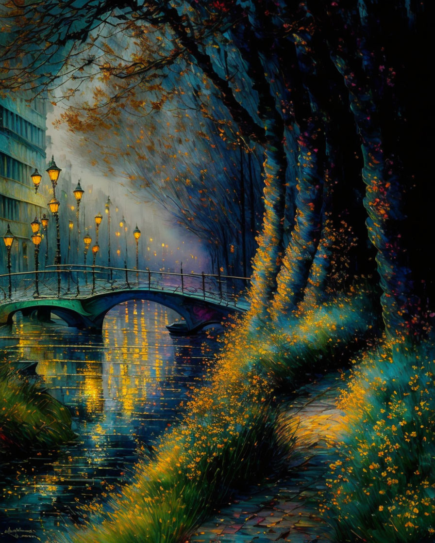 Colorful painting of alley by river with bridge, street lamps, autumn trees, and twilight sky.