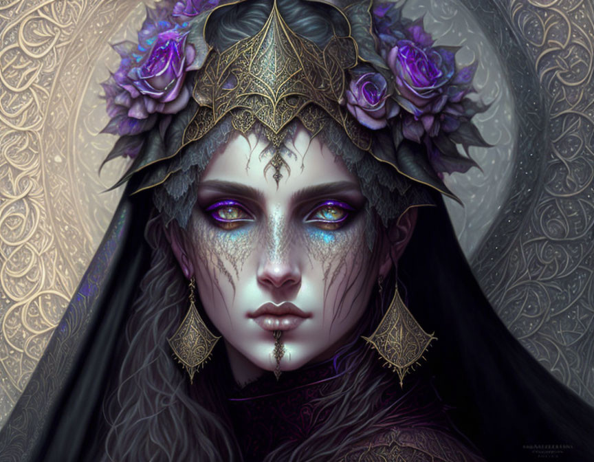 Fantasy digital art: regal crown, purple roses, golden patterns, dark hair, blue eyes