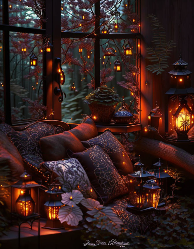 Cozy window seat with cushions and lanterns overlooking twilight forest