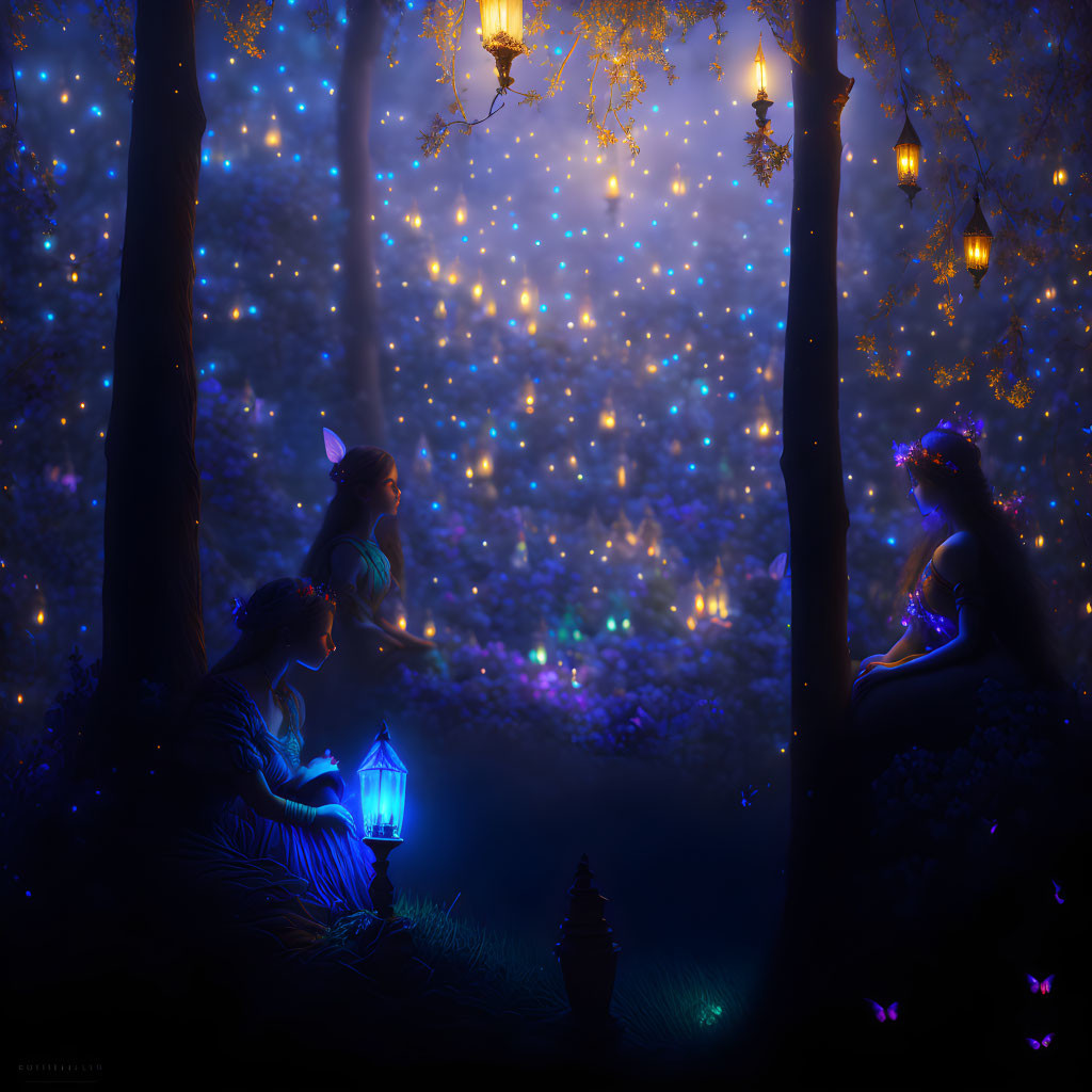 Enchanted forest scene with three mystical fairies, lanterns, butterflies, and starlit sky