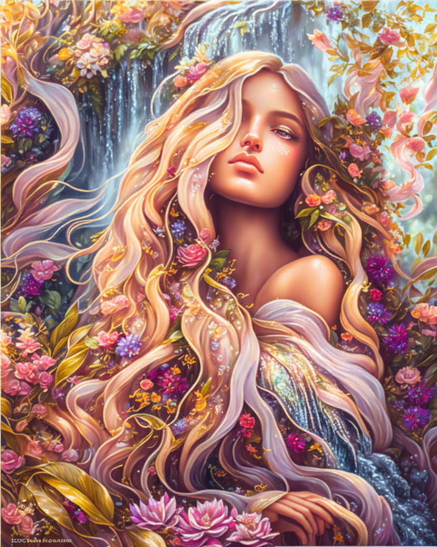 Blonde woman in fantasy setting with flowers and waterfall