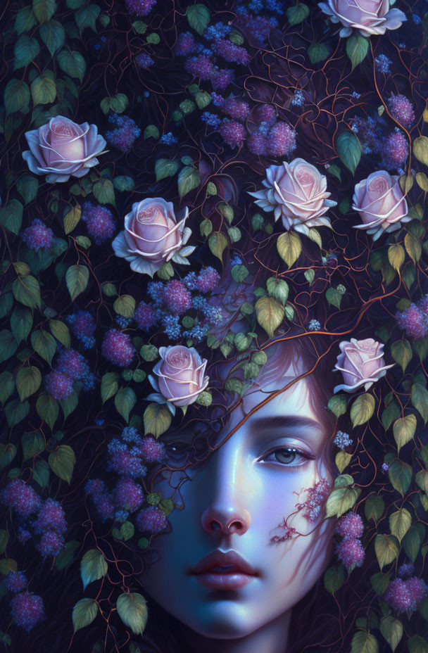 Surreal portrait featuring person with ethereal presence and vibrant purple and blue floral elements