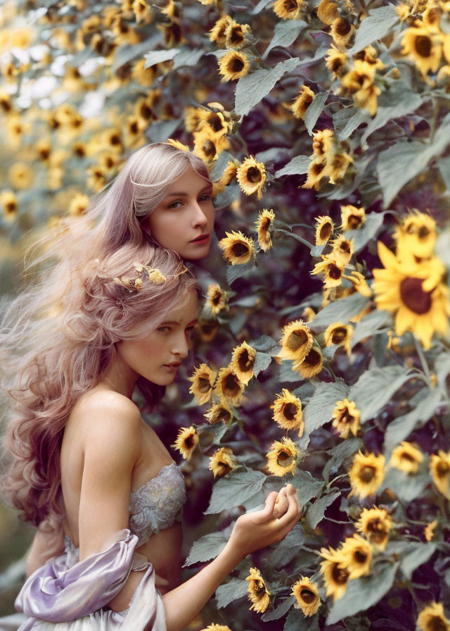 Two women with pale hair among sunflowers in a serene pose.