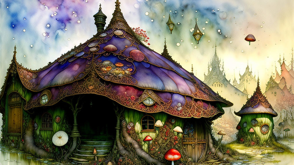 Whimsical mushroom cottage illustration in mystical landscape