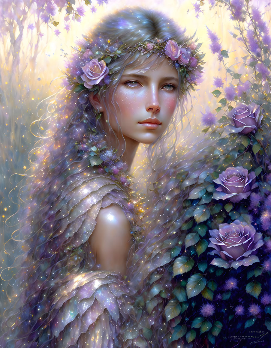 Woman portrait with floral headband and purple flowers in dreamlike setting