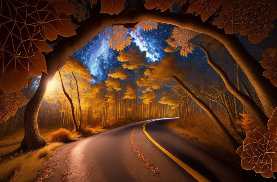 Autumnal forest road under starry night sky with intricate tree.