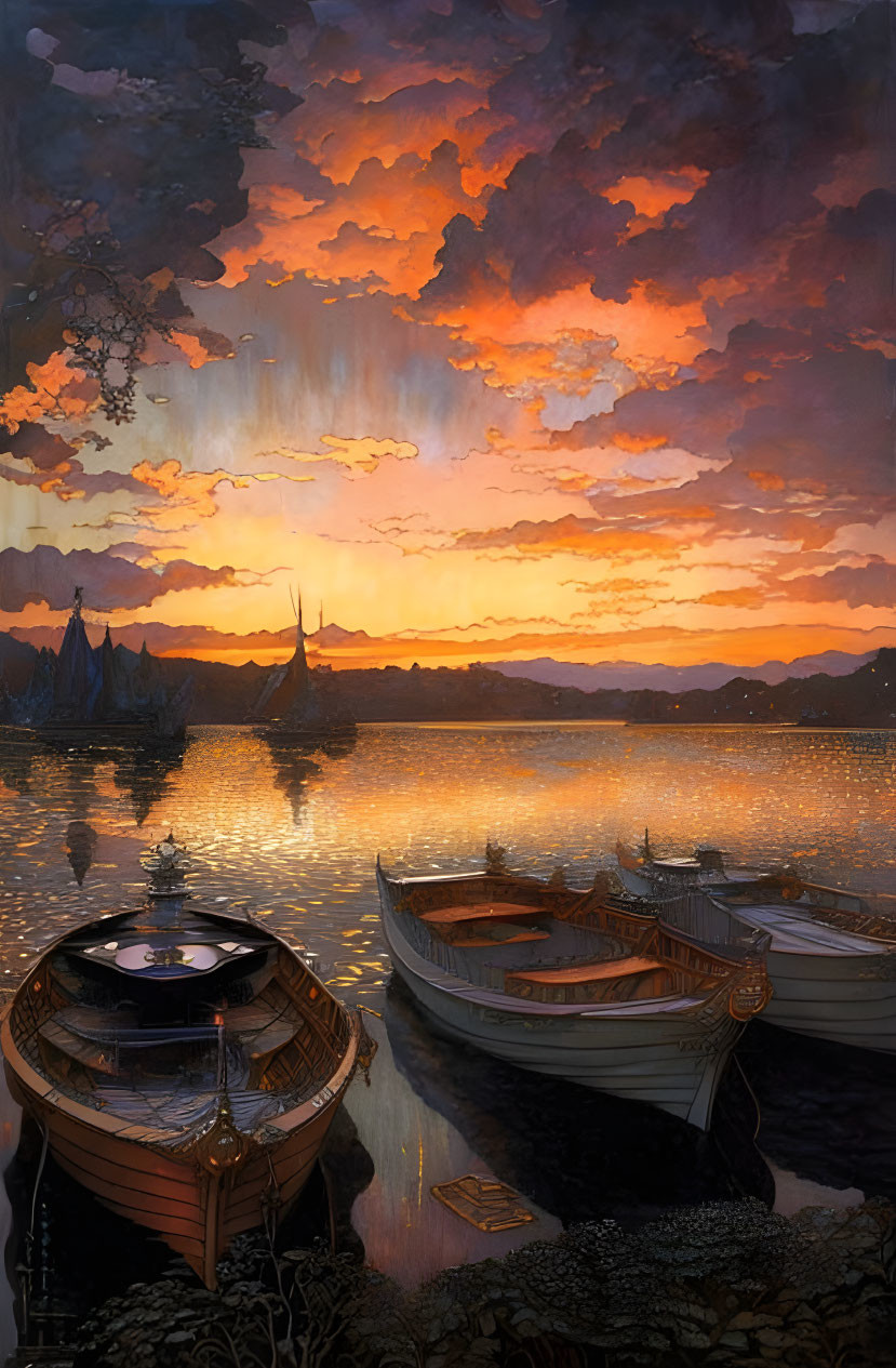 Tranquil sunset lake scene with boats and ornate buildings against vibrant sky