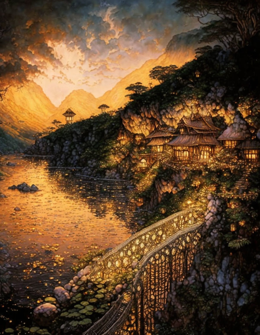 Traditional village by river with bridge, mountains, and sunset sky.