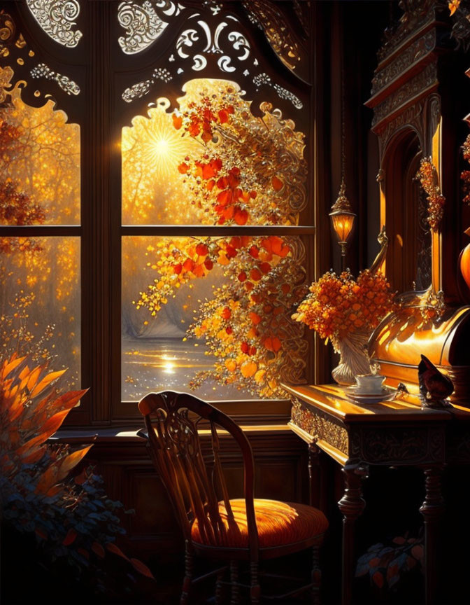 Sunlit Cozy Interior with Ornate Windows, Wooden Chair, Autumn Flowers, and Perched Bird