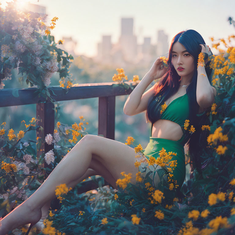 Woman with long dark hair in green outfit among yellow flowers and blurred city buildings